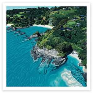 art print of aerial view of beautiful waiheke island enclosure bay nz