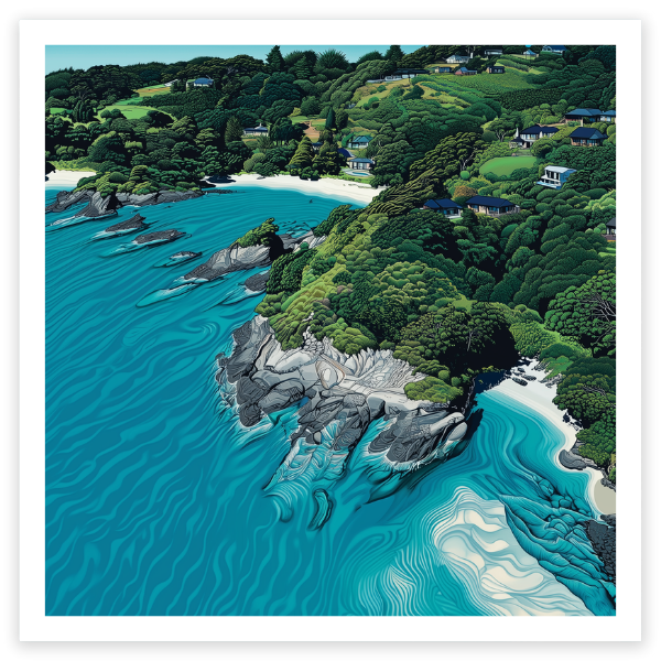 art print of aerial view of beautiful waiheke island enclosure bay nz