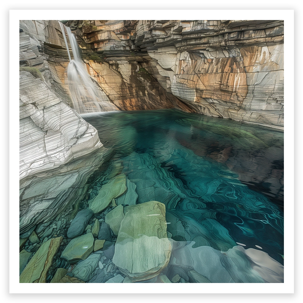 art print of emerald green clear water pool surrounded by rocks and a waterfall
