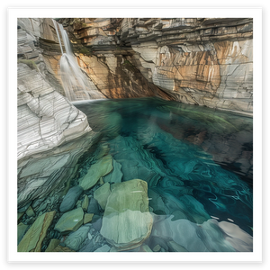 art print of emerald green clear water pool surrounded by rocks and a waterfall