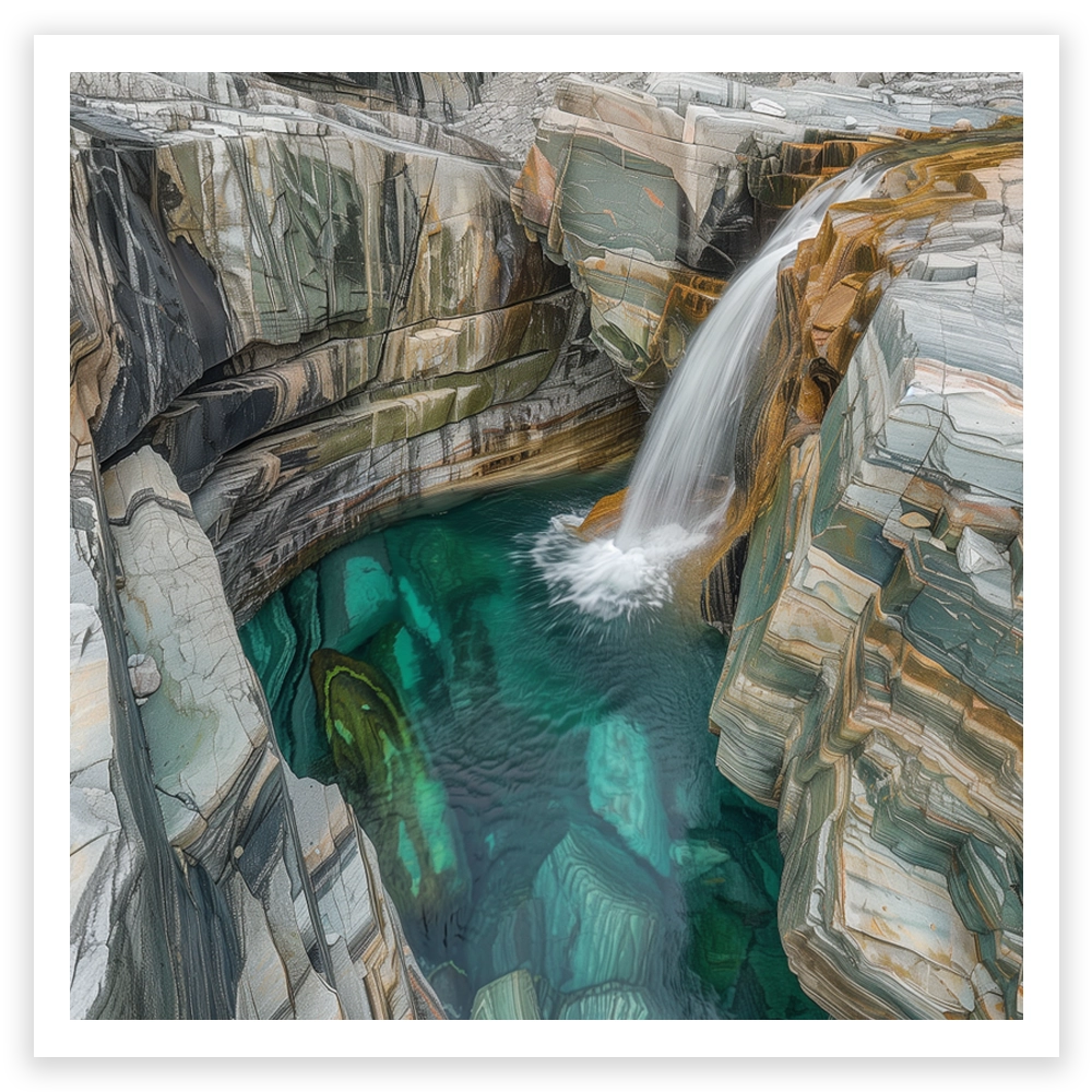 art print of waterfall surrounded by rocks and falling into crystal clear emerald green pool