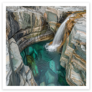 art print of waterfall surrounded by rocks and falling into crystal clear emerald green pool