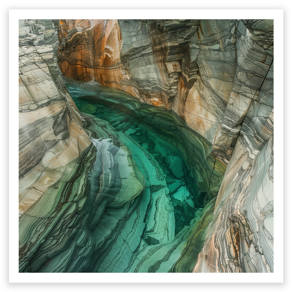 art print of emerald green water flowing through a stony gorge