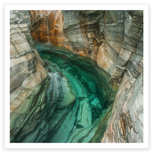 art print of emerald green water flowing through a stony gorge