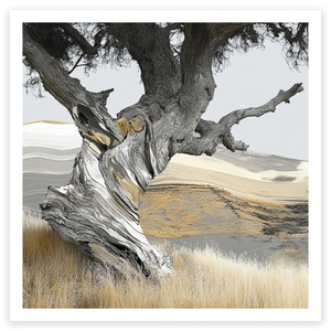art print of a twisted tree trunk in textured painterly style