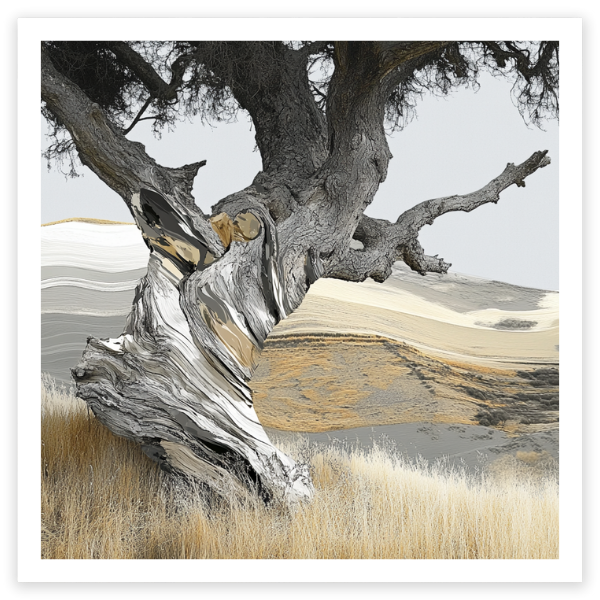 art print of a twisted tree trunk in textured painterly style