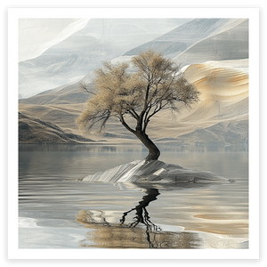 art print of lone tree in lake wanaka in textured painterly style