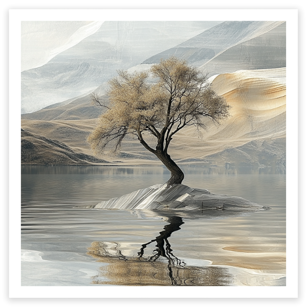 art print of lone tree in lake wanaka in textured painterly style