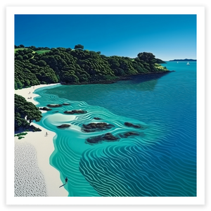 art print of aerial view of beautiful blue water beach white sand Palm Beach Waiheke Island
