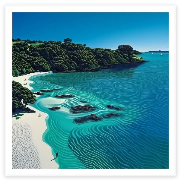 art print of aerial view of beautiful blue water beach white sand Palm Beach Waiheke Island