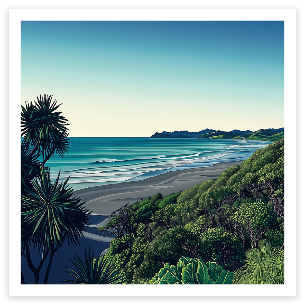 art print of beach at Raglan, Waikato, New Zealand