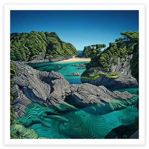 art print of blue green clear water rock pools on waiheke island