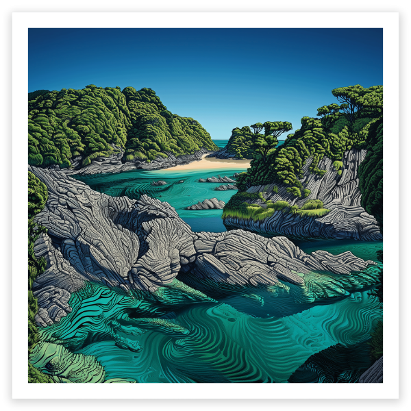art print of blue green clear water rock pools on waiheke island