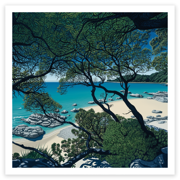 art print of beautiful waiheke beach through the trees