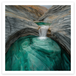 art print in emerald green tones of water spilling from one rock pool down into another