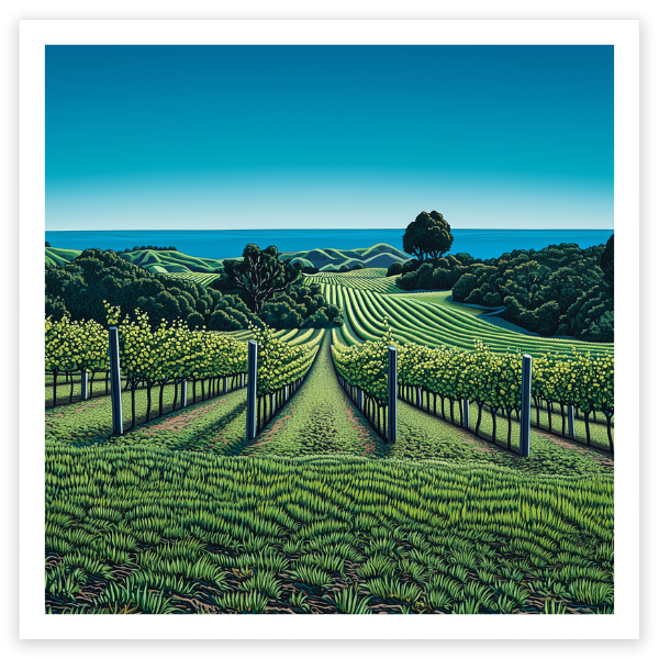 art print of vineyard on waiheke island with sea in background