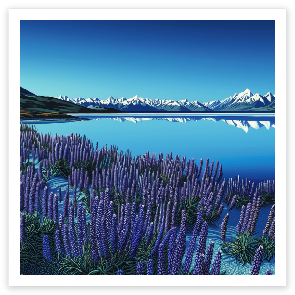 art print of lake tekapo with purple lupins flowers and blue lake new zealand mountains