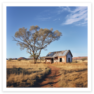 art print of a rusty shack under eucalyptus tree  in outback Australia
