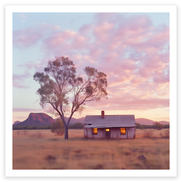 art print of old station house in outback Australia