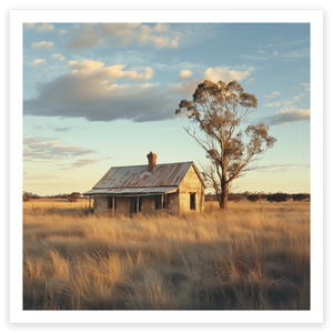 art print of rustic house and big tree in outback australia