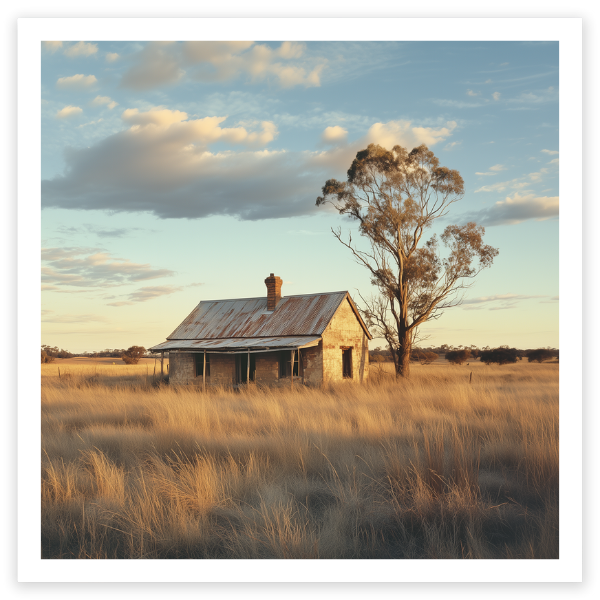 art print of rustic house and big tree in outback australia