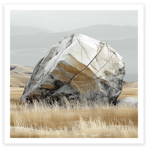 art print of textured rock in a field in gold tones