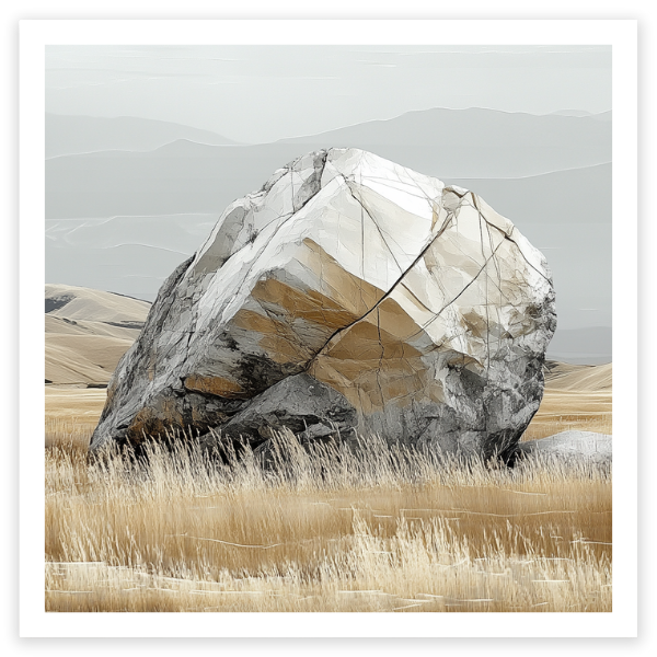 art print of textured rock in a field in gold tones