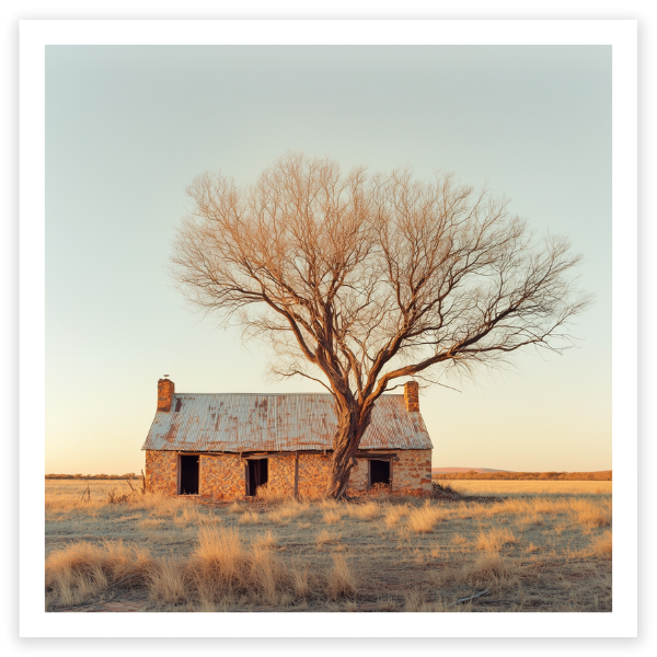 art print of old brick and iron house with big eucalyptus tree in outback Australia