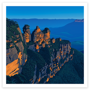 art print of the three sisters rock formation  in the blue mountains, australia