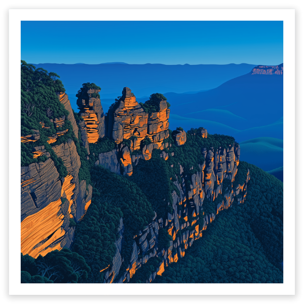 art print of the three sisters rock formation  in the blue mountains, australia